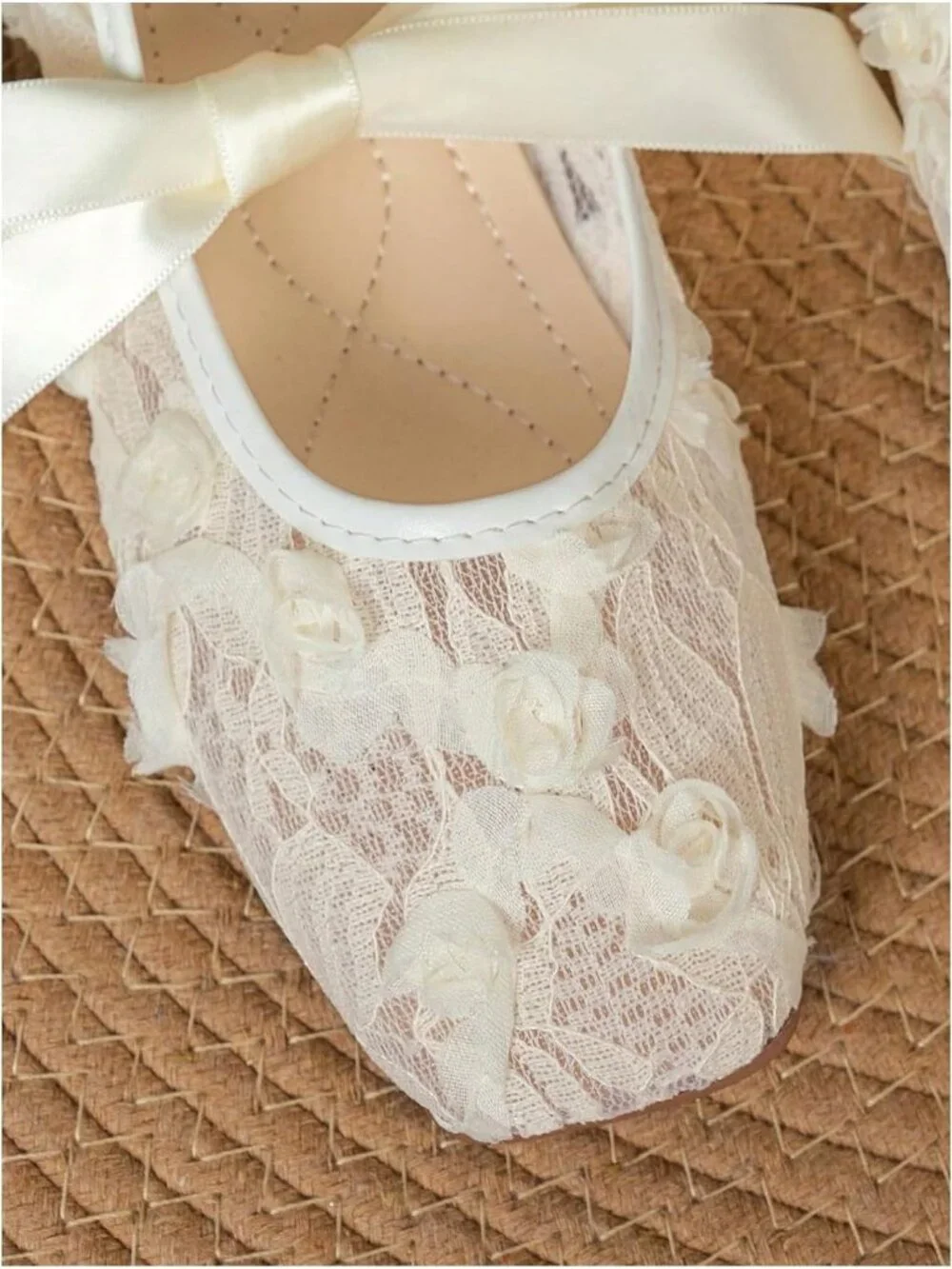 Women's Beige Floral Lace Mesh Ballet Flats Square Toe Bow Dress Shoes